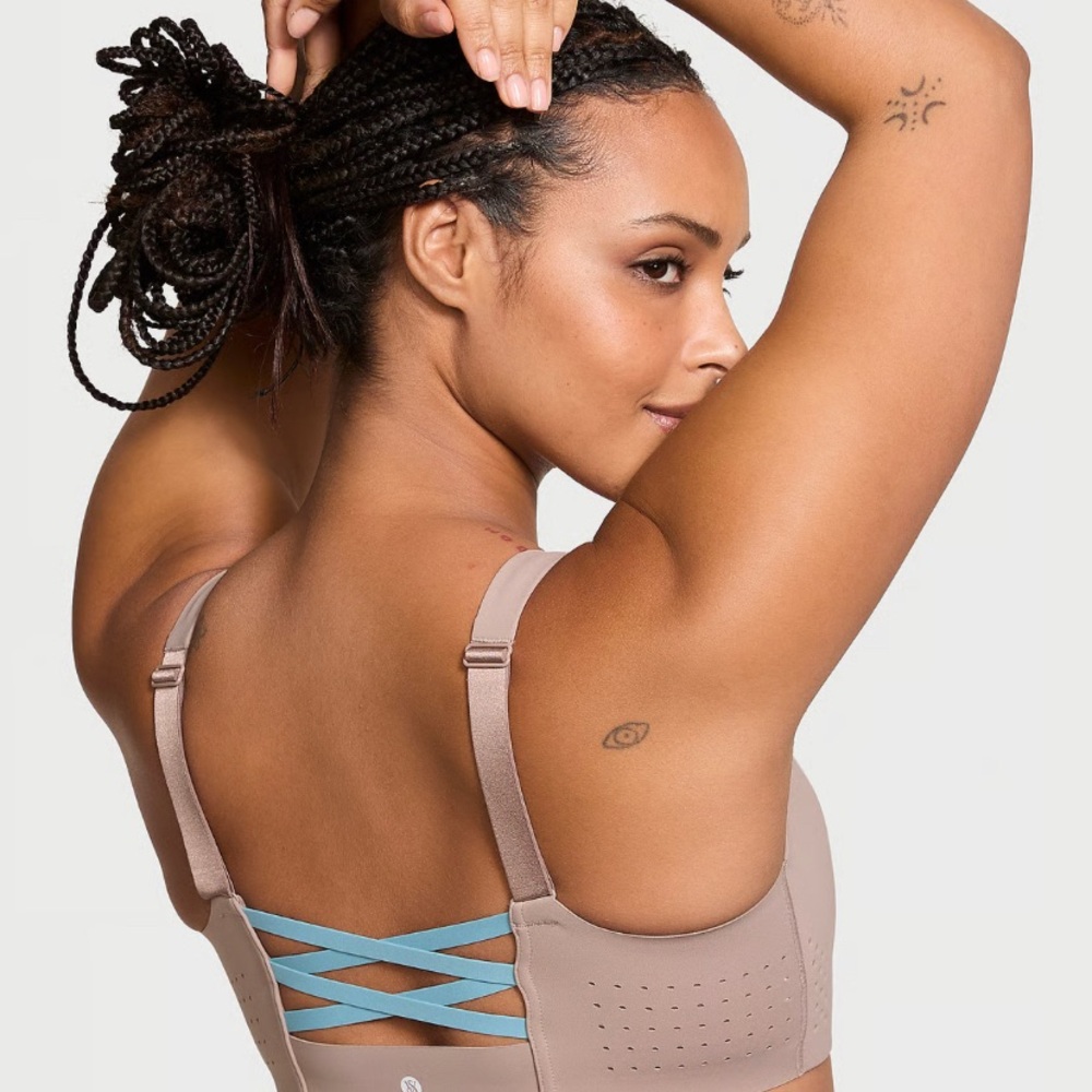Victoria's Secret Taupe Sports Bra with Blue Cross-Back Straps